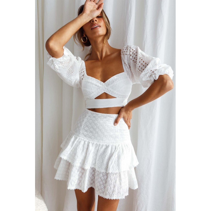 Aisha Puff Sleeve Tie Back Broderie Anglaise Crop Top White