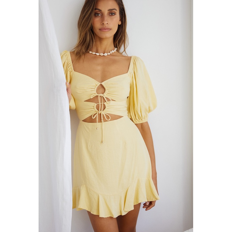 Alma Drawstring Circle Bust Puff Sleeve Mini Dress Yellow