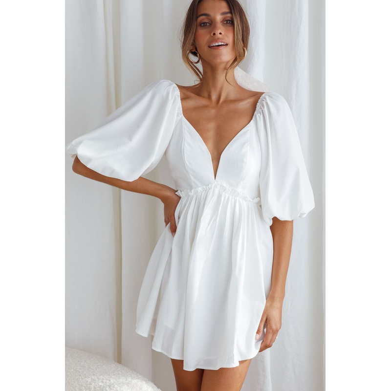 Always Dreaming Puff Sleeve Structured V-Neckline Mini Dress White