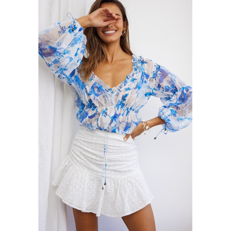 Beau Balloon Sleeve Drawstring Top Floral Print White/Blue