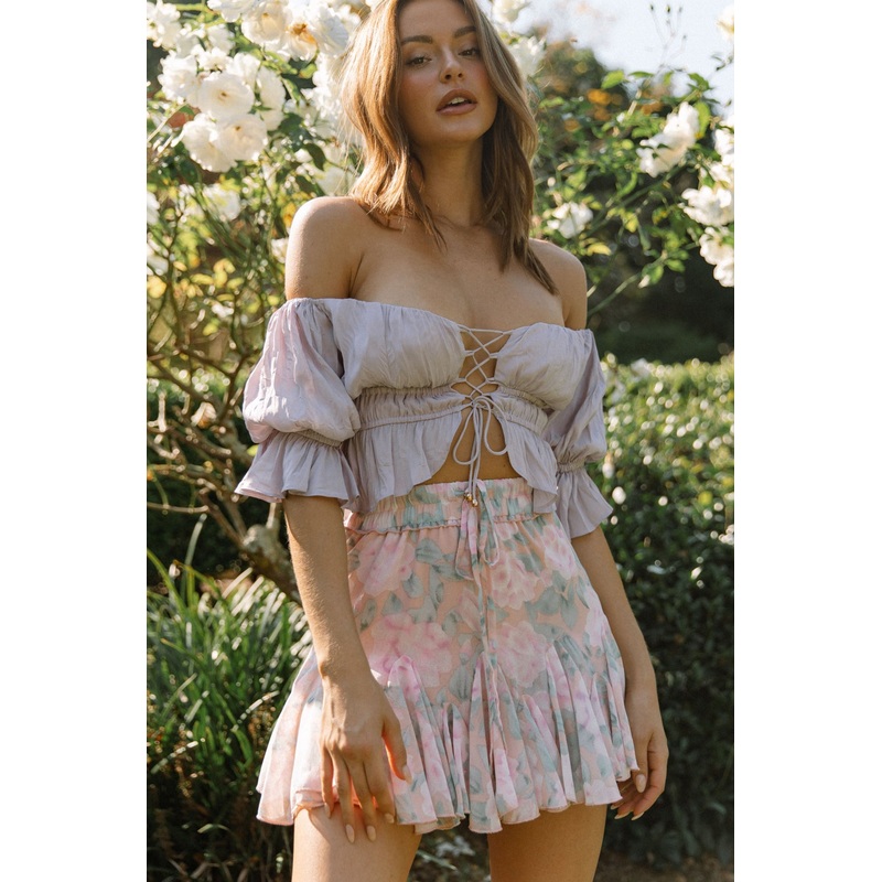 Josephina Off-Shoulder Lace-Up Front Crop Top Lilac