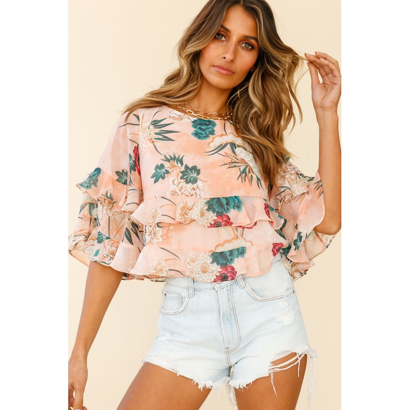 Pure Bliss Flounce Sleeve Frill Crop Top Floral Print Nude