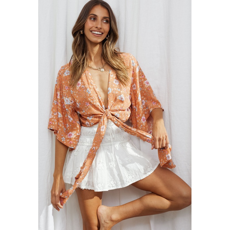 Rivera Deep-V Tie Front Crop Top Floral Print Orange/Pink