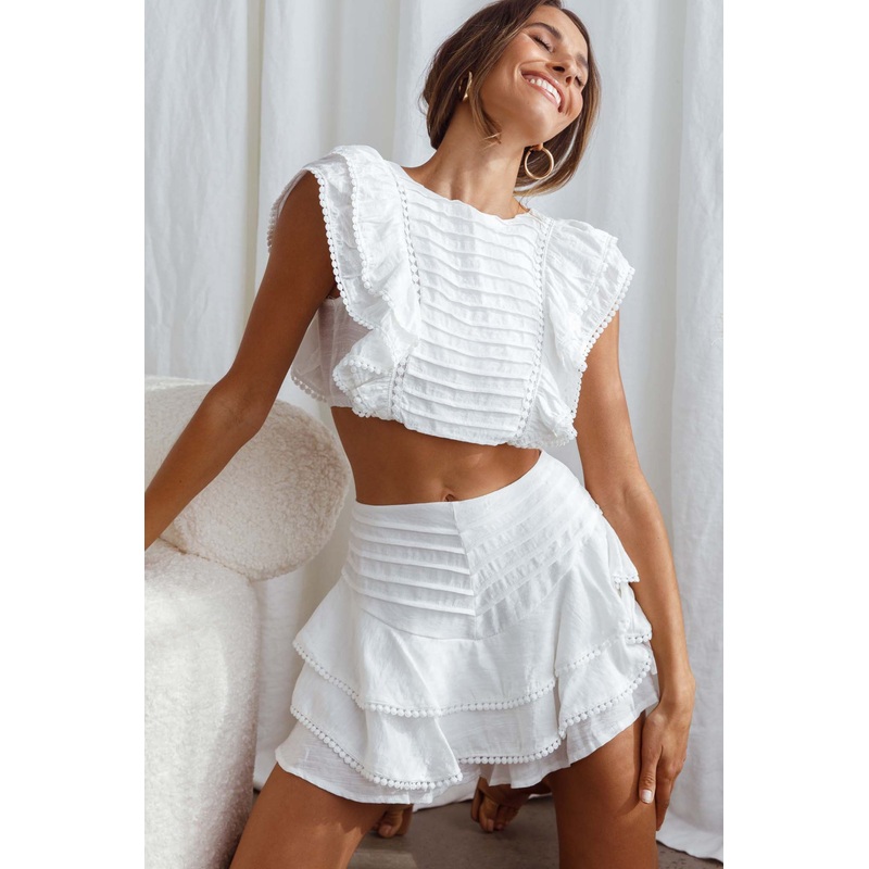 Wild And Free Pintuck Pleat And Ruffle Crop Top White