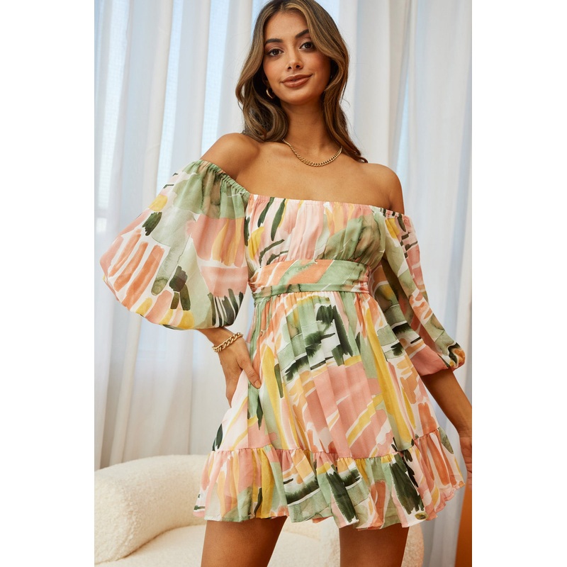 Abby Off-Shoulder Tie-Up Back Dress Watercolor Print Multi