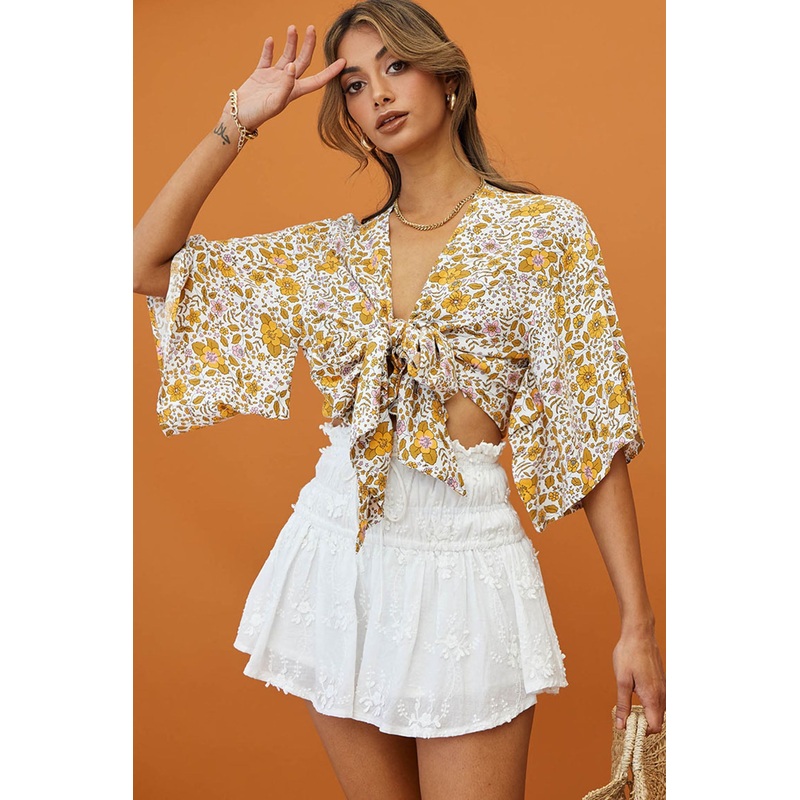 Rivera Deep-V Tie Front Crop Top Floral Print White/Yellow