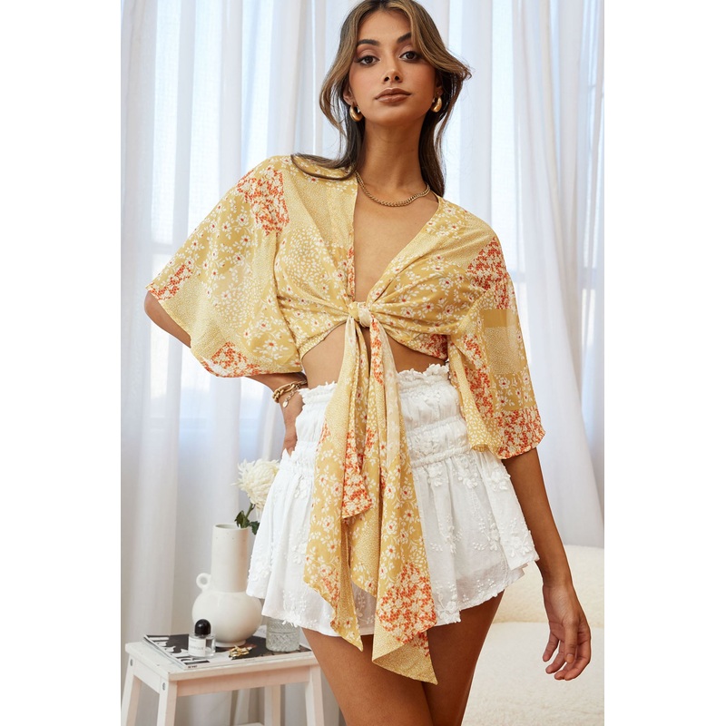 Rivera Deep-V Tie Front Crop Top Floral Square Print Yellow