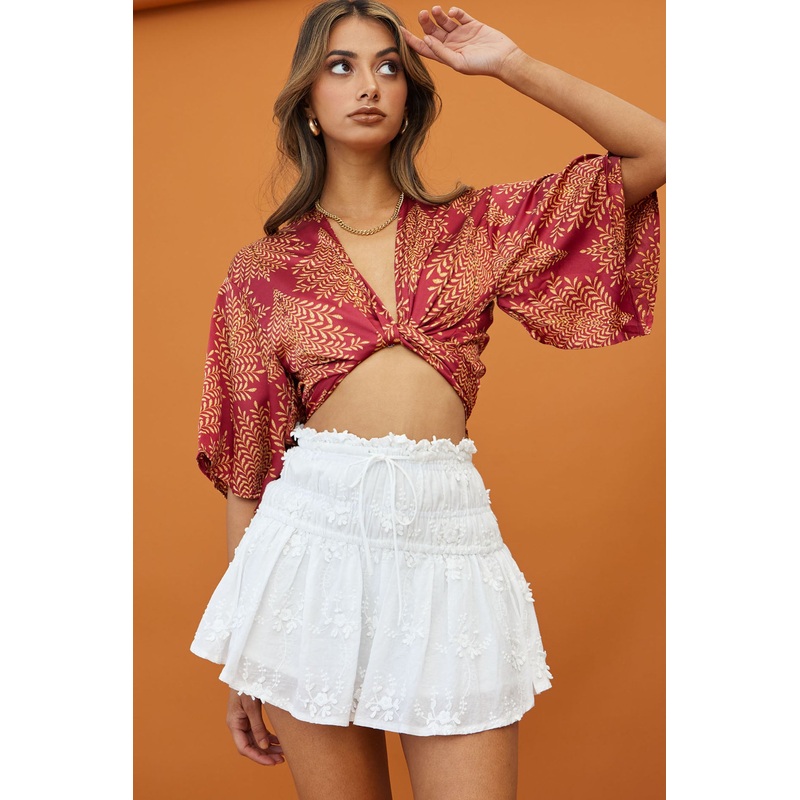 Rivera Deep-V Waist-Tie Top Leaf Print Wine