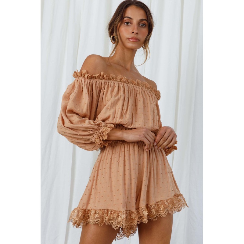 Romilly Scalloped Lace Trim Off-Shoulder Top Tan