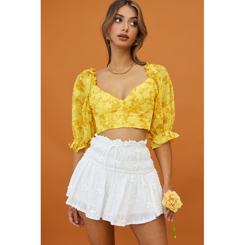 Rosetta Puff Sleeve Keyhole Back Crop Top Floral Print Yellow