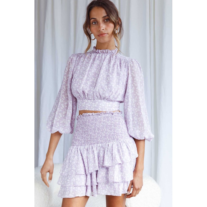 Whisked Away Balloon Sleeve Open Back Crop Top Floral Print Lilac