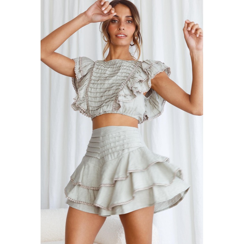 Wild And Free Pintuck Pleat And Ruffle Crop Top Pistachio