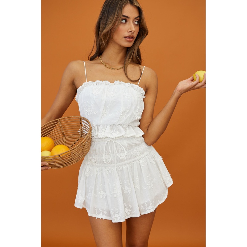 Remember Me Frill Trim Embroidery Textured Crop Top White