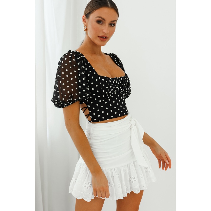 Petite Cherie Puff Sleeve Lace-Up Back Crop Top Floral Embroidered Black