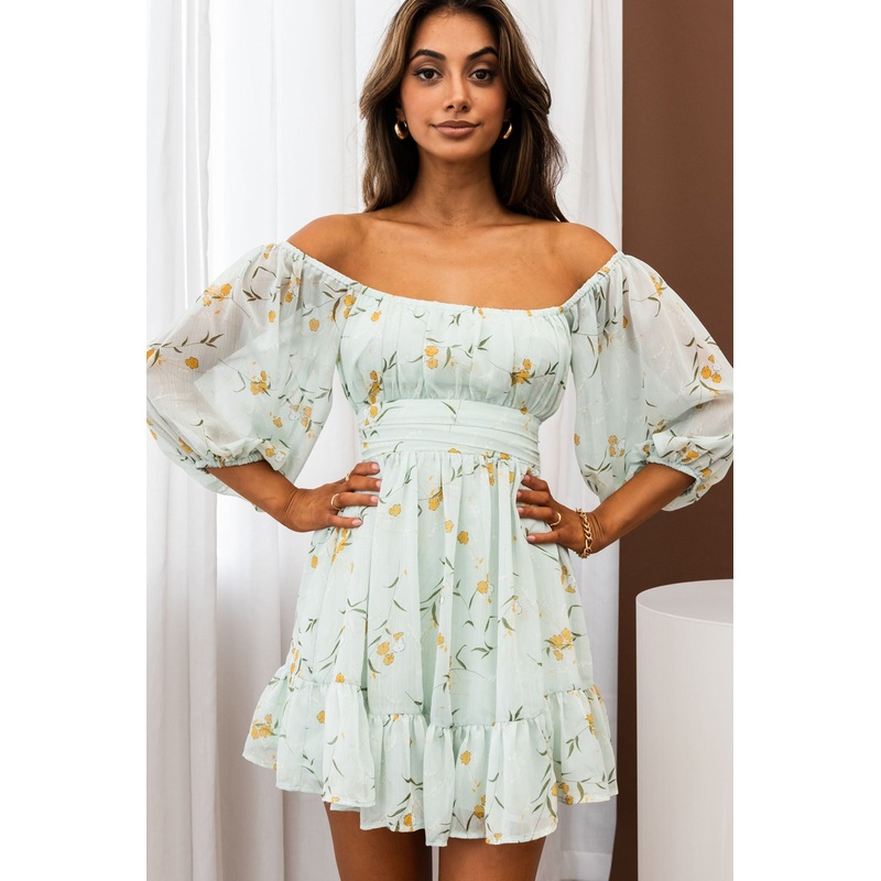 Abby Off-Shoulder Tie-Up Back Dress Floral Print Mint