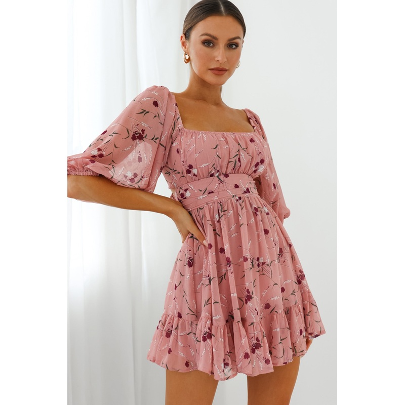 Abby Off-Shoulder Tie-Up Back Dress Floral Print Rose