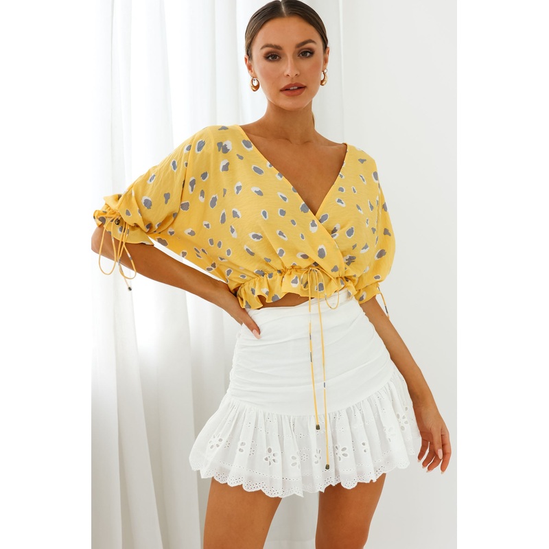 Distant Sun Drawstring Waist Crop Top Animal Print Yellow
