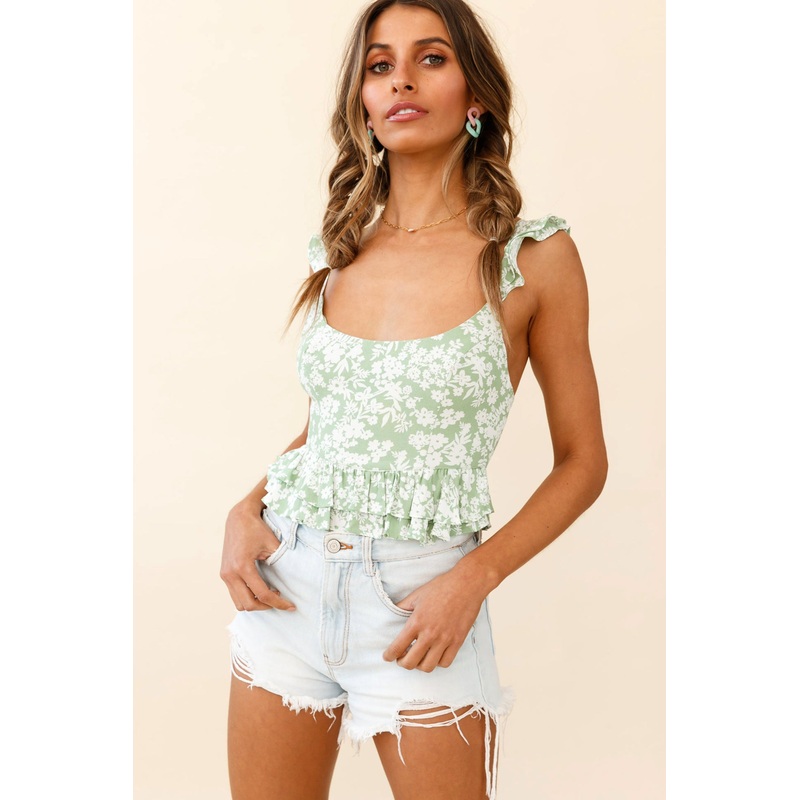 Eyes On The Prize Lace-Up Back Ruffle Crop Top Floral Print Green