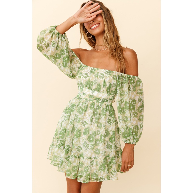 Abby Off-Shoulder Tie-Up Back Dress Floral Print Green