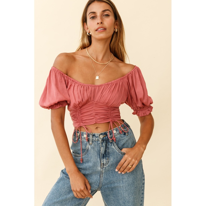 Bright Side Puff Sleeve Ruched Crop Top Rose
