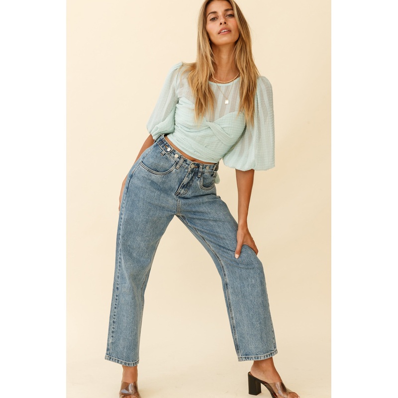 Emerson Puff Sleeve Waist Tie Top Mint