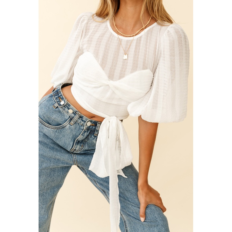 Emerson Puff Sleeve Waist Tie Top White