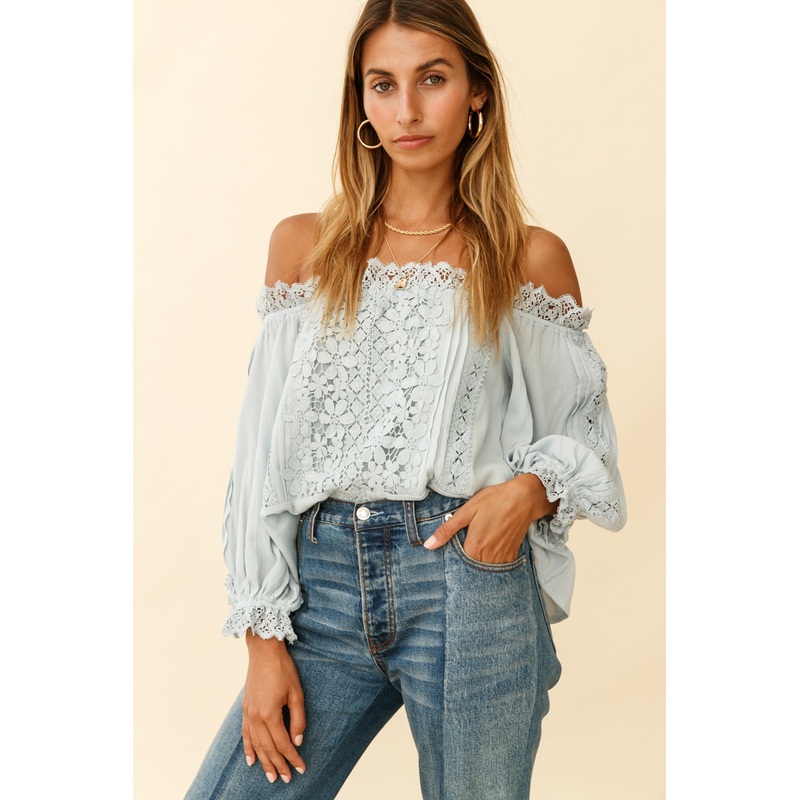Homeward Off-Shoulder Lace Top Steel Blue