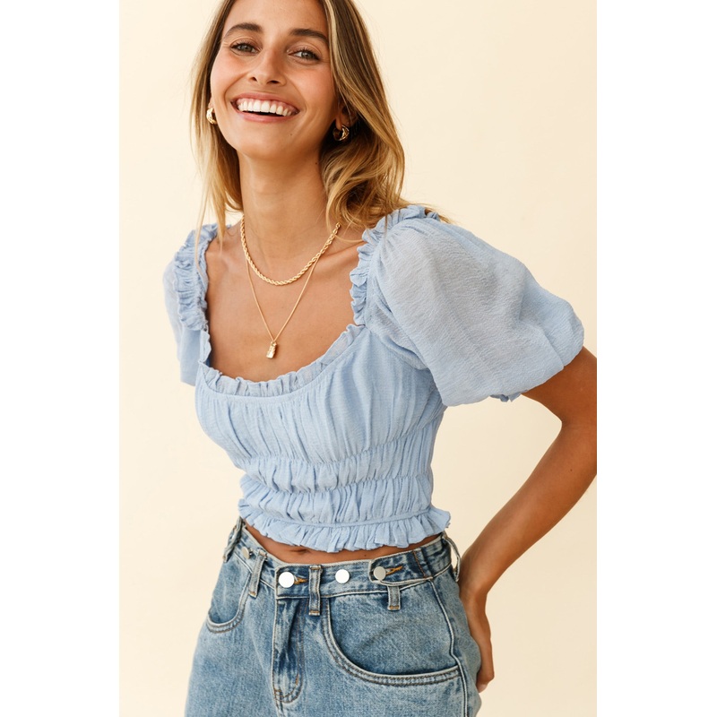Romantics Shirred Bodice Puff Sleeve Crop Top Blue
