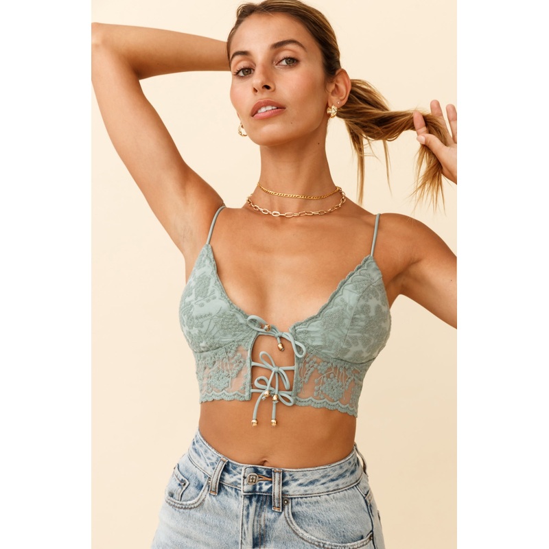 Spoil Me Tie Feature Lace Crop Top Sage