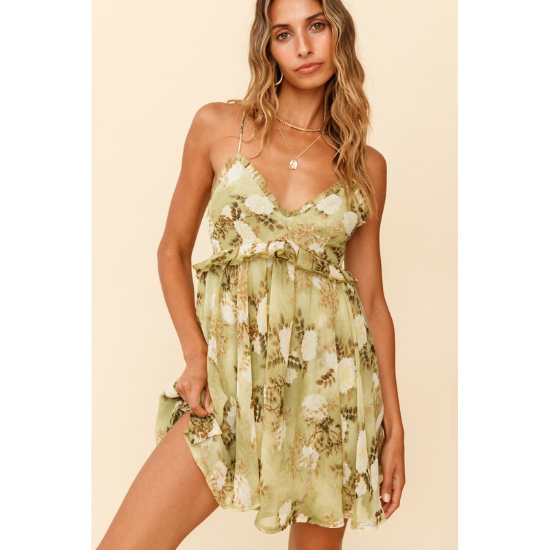 Yellowstone Frill Trim Strappy Back Sun Dress Floral Print Green