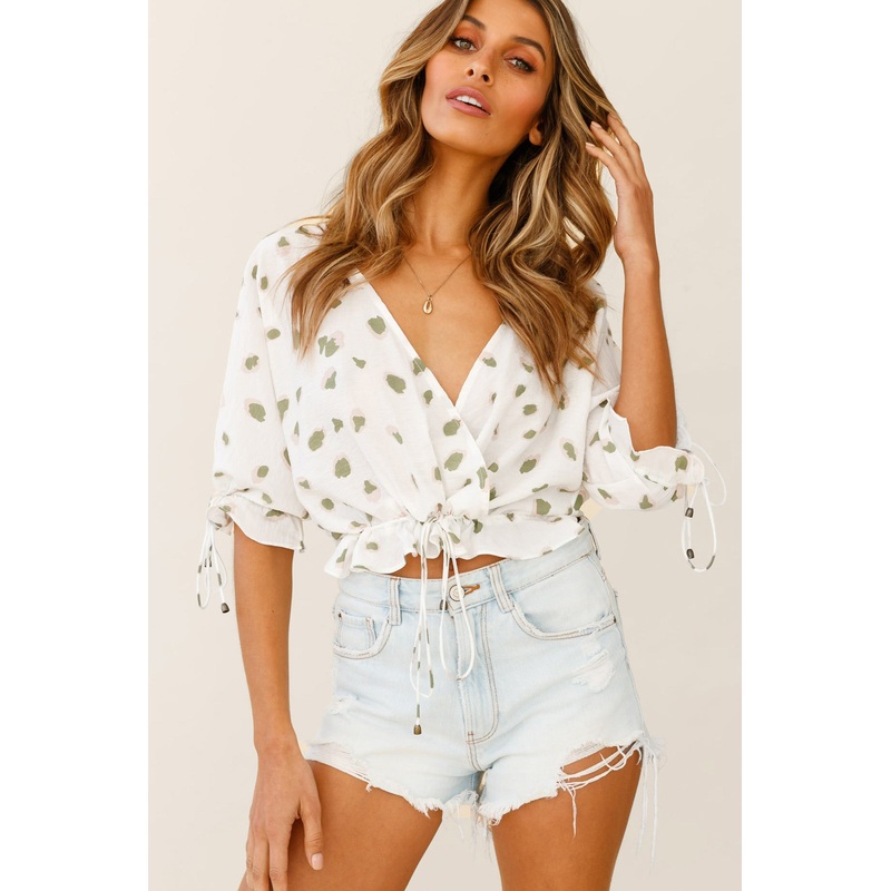 Distant Sun Drawstring Waist Crop Top Animal Print White