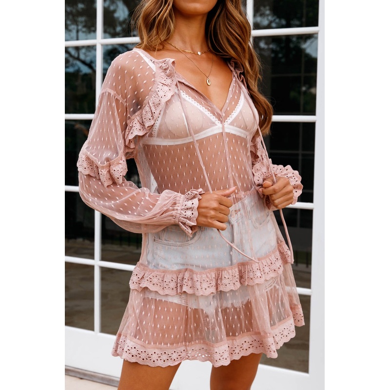Double Dare Sheer Lace Trim Shift Top Mocha