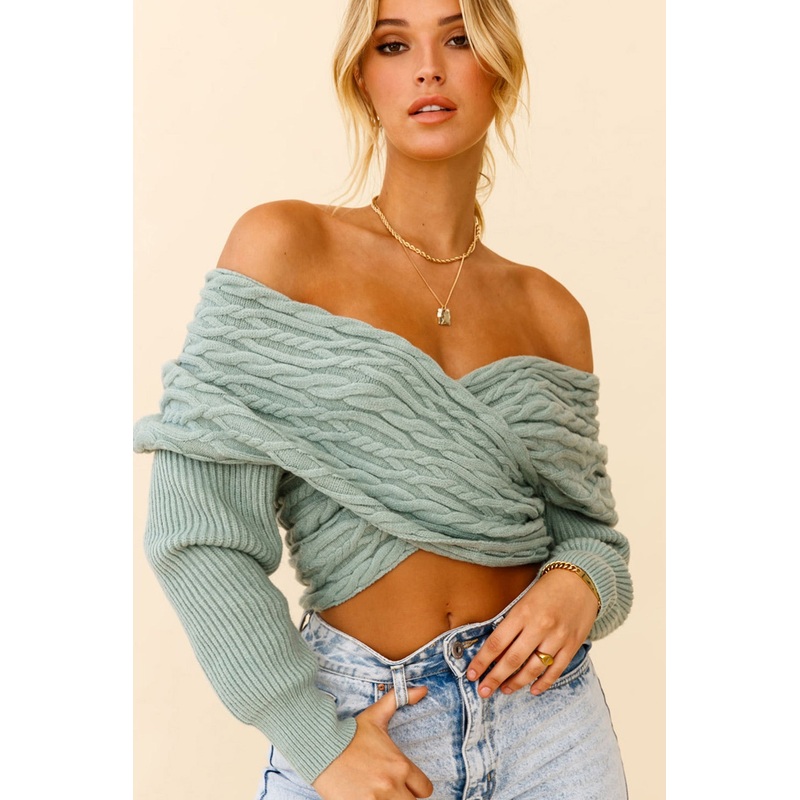 Heartstopper Off-Shoulder Wrap Knit Top Sage