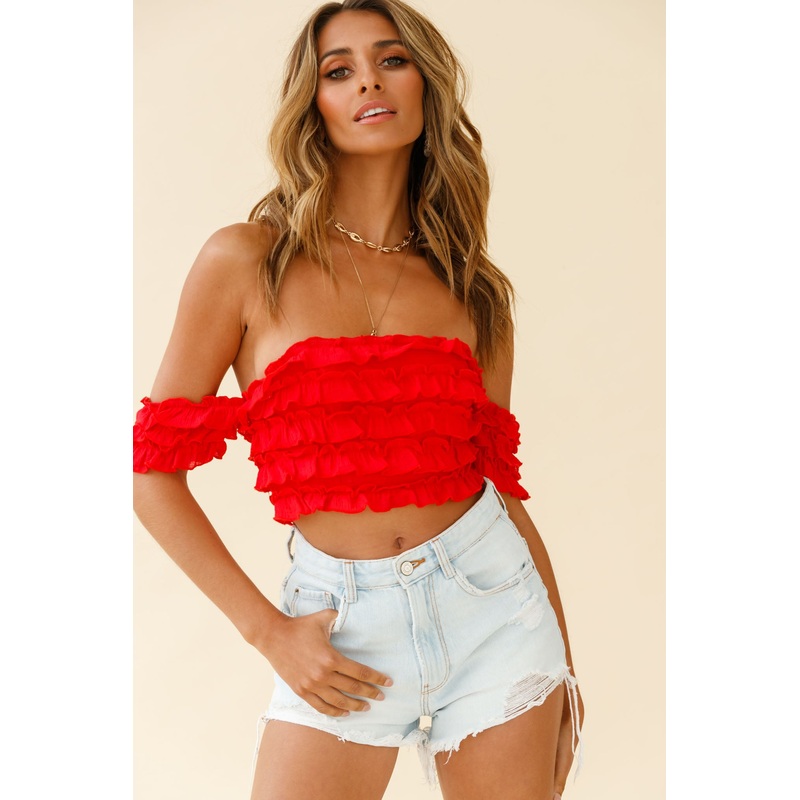 Tigerlily Tiered Frill Off-Shoulder Top Red
