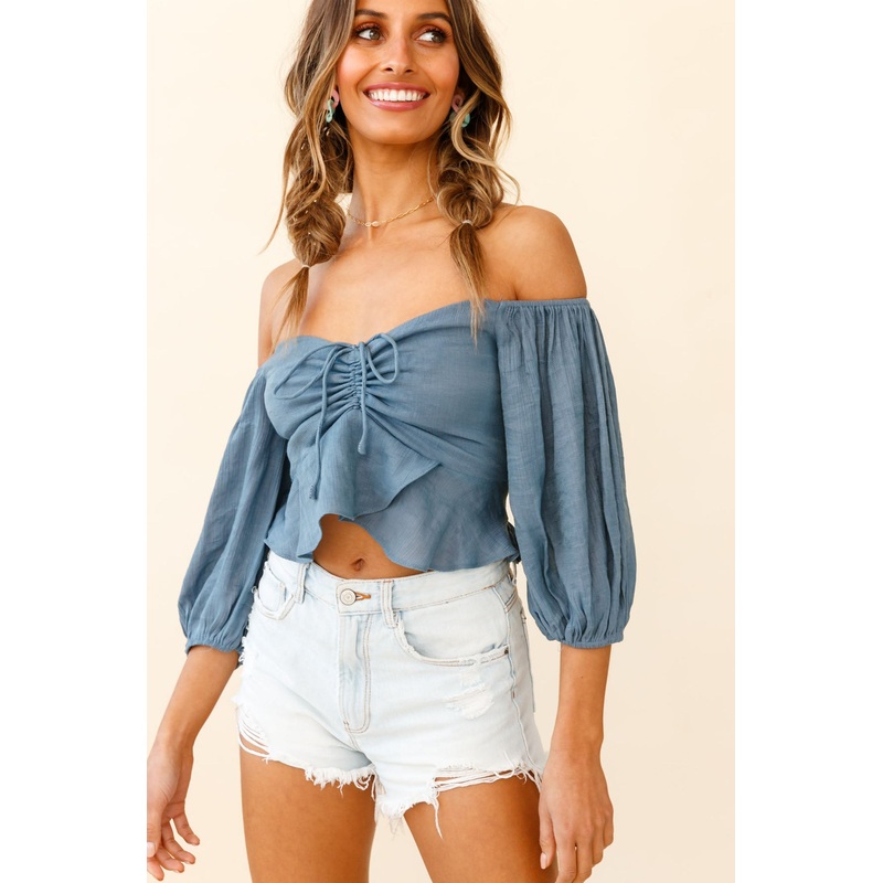 Avaline Balloon Sleeve Ruched Bust Bardot Top Midnight Blue