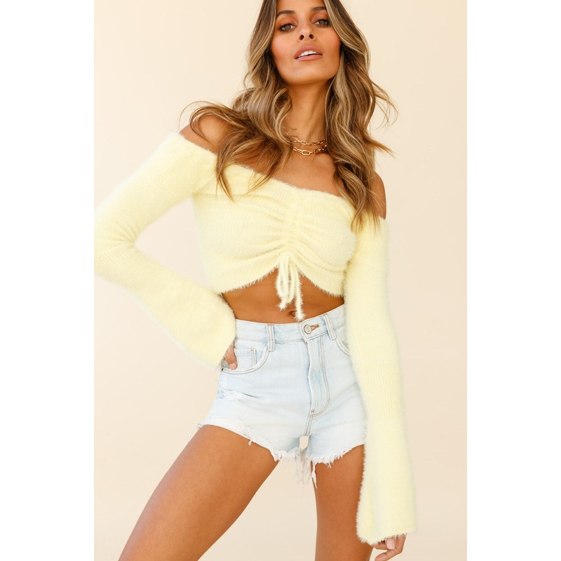 By Your Side Off-Shoulder Long Sleeve Fuzzy Knit Top Yellow