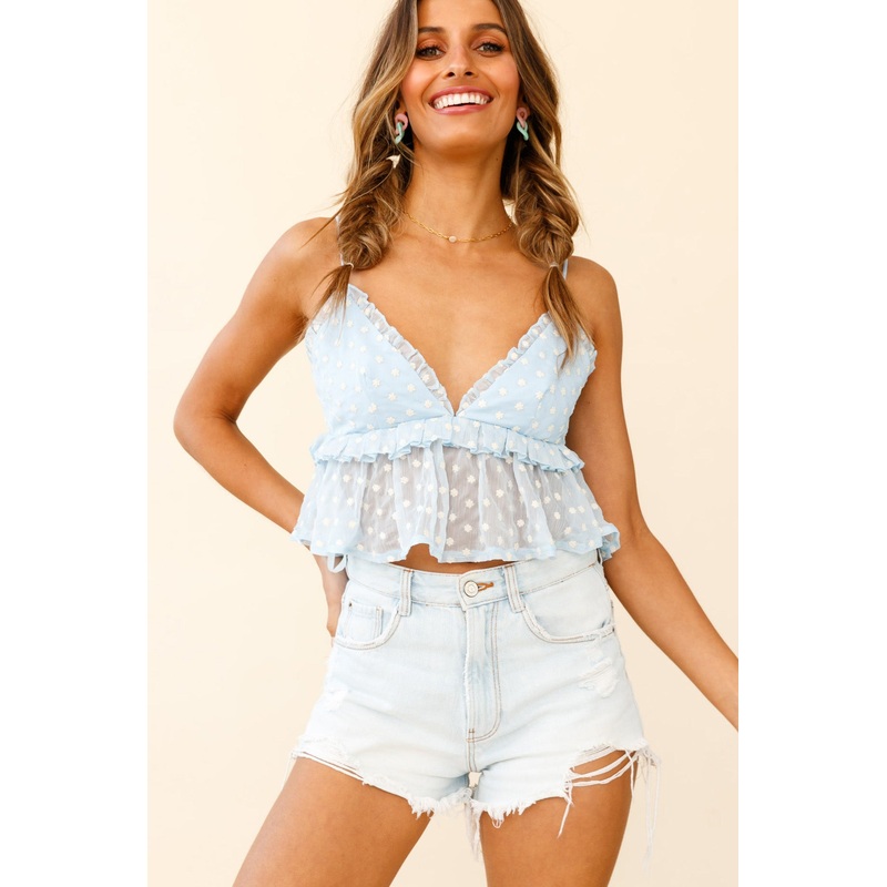 Forever Yours Baby Doll Crop Top Floral Embroidery Baby Blue