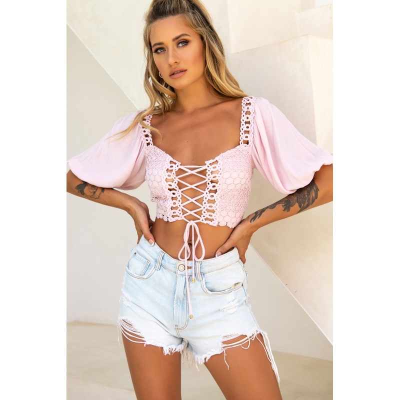 Golden Hour Lace-Up Front Crochet Crop Top Pink