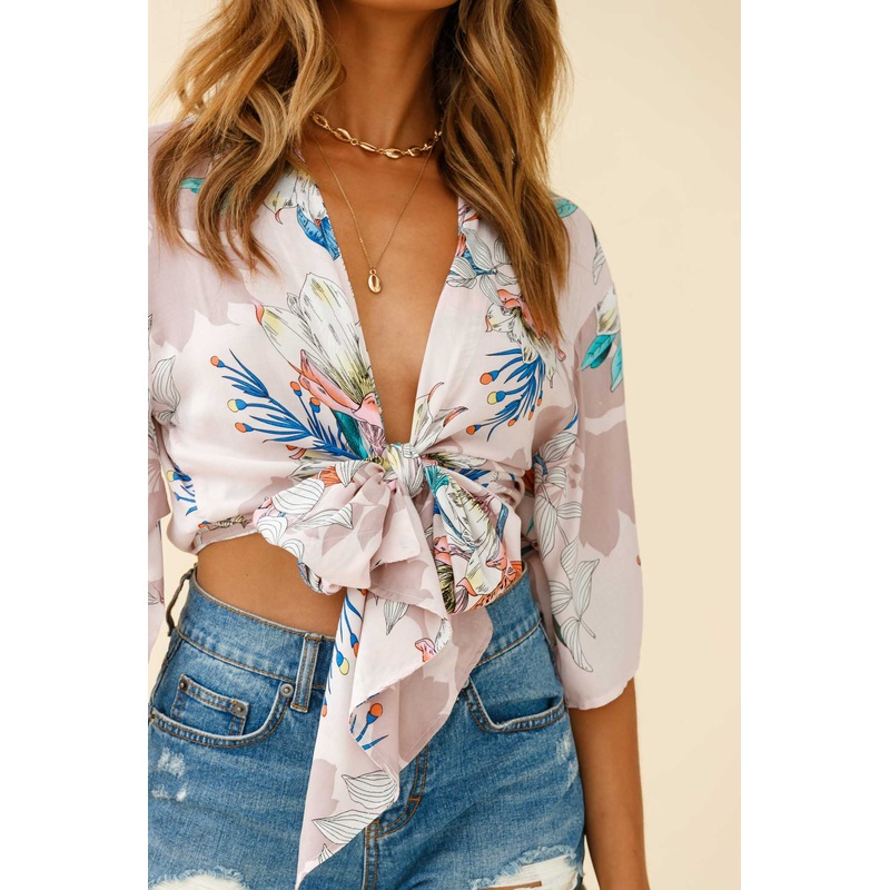 Rivera Deep-V Waist-Tie Top Floral Print Pink Multi