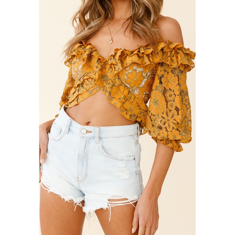 Rosarito Balloon Sleeve Halterneck Lace Crop Top Mustard/Olive