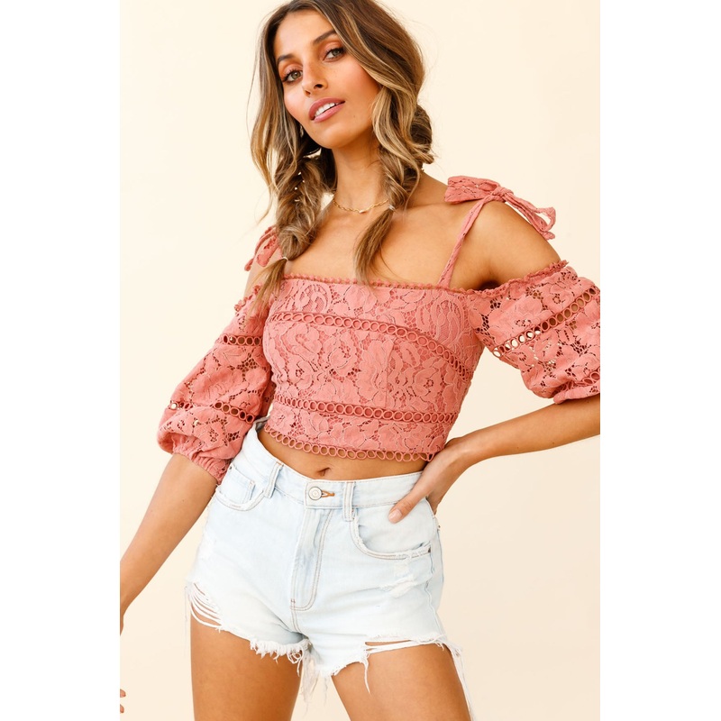 Shironda Off-Shoulder Puff Sleeve Tied-Strap Crop Top Rose