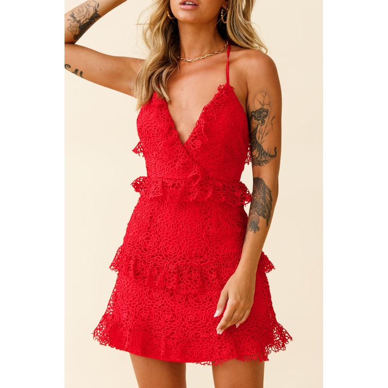 Airlie Halterneck Open Back Lace Dress Red