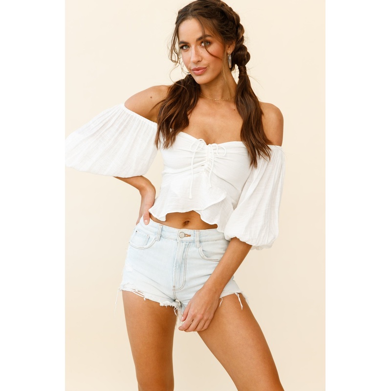 Avaline Balloon Sleeve Ruched Bust Bardot Top White