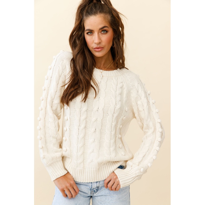 Bestie Pom Pom Detail Cable Knit Sweater Cream