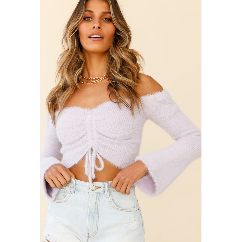 By Your Side Off-Shoulder Long Sleeve Fuzzy Knit Top Lilac