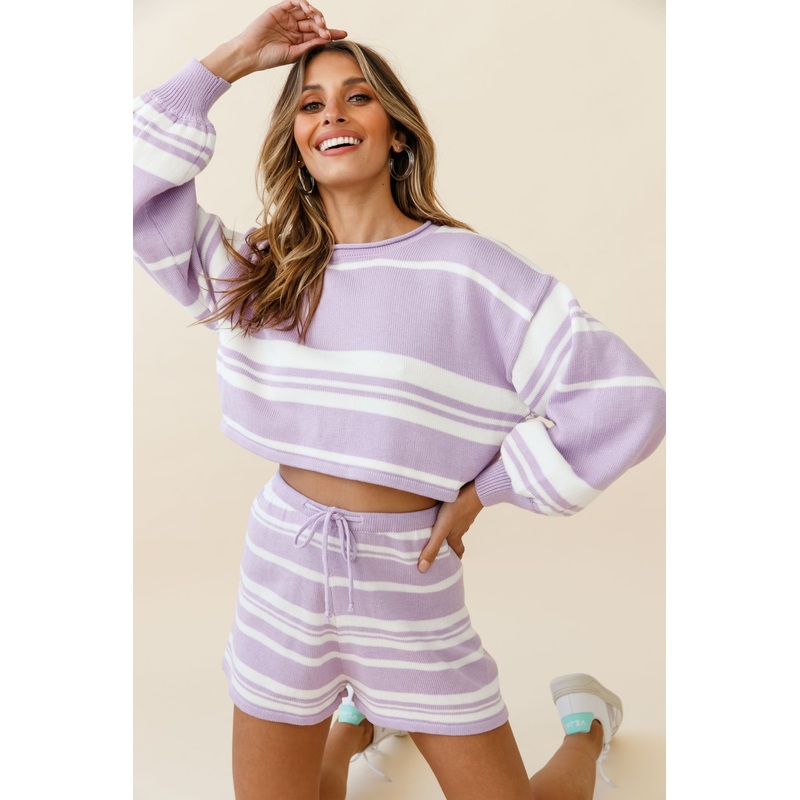 Carlo Long Balloon Sleeve Crop Top Striped Pattern Lilac