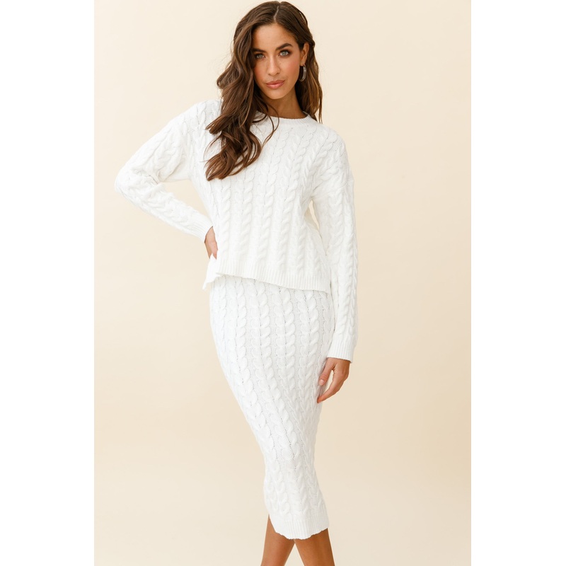 Cozy Up Cable Knit Midi Skirt White