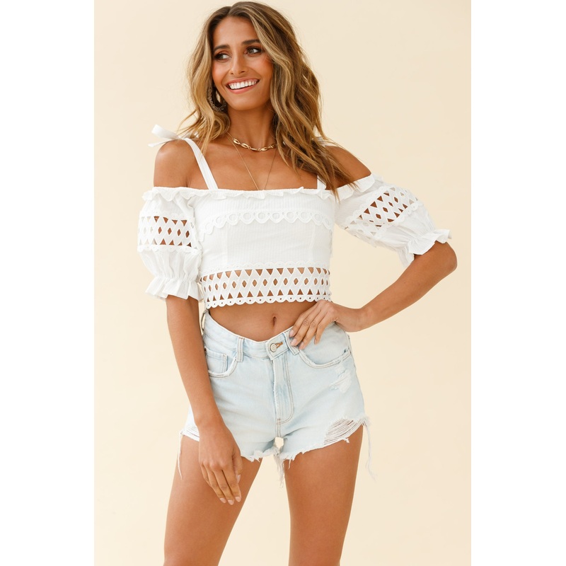 Danella Puff Sleeve Tied Shoulder Crop Top White