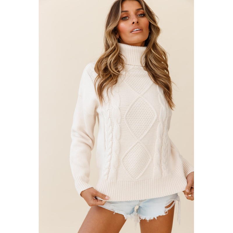 Hark Rolled Turtleneck Cable Knit Detail Sweater Cream