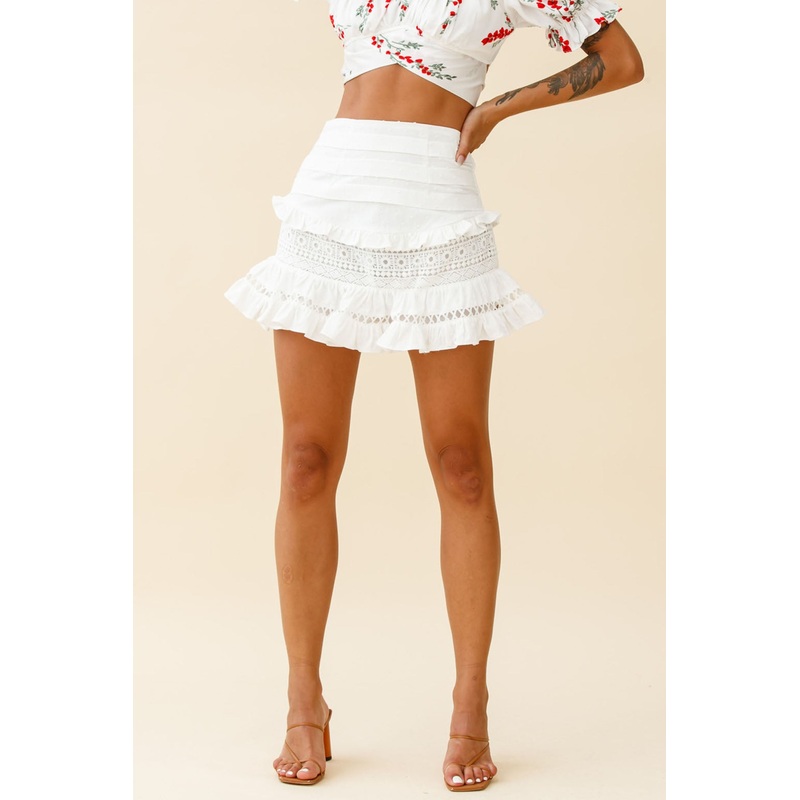 Perfect Timing Pleated Waist Frill Trim Mini Skirt White